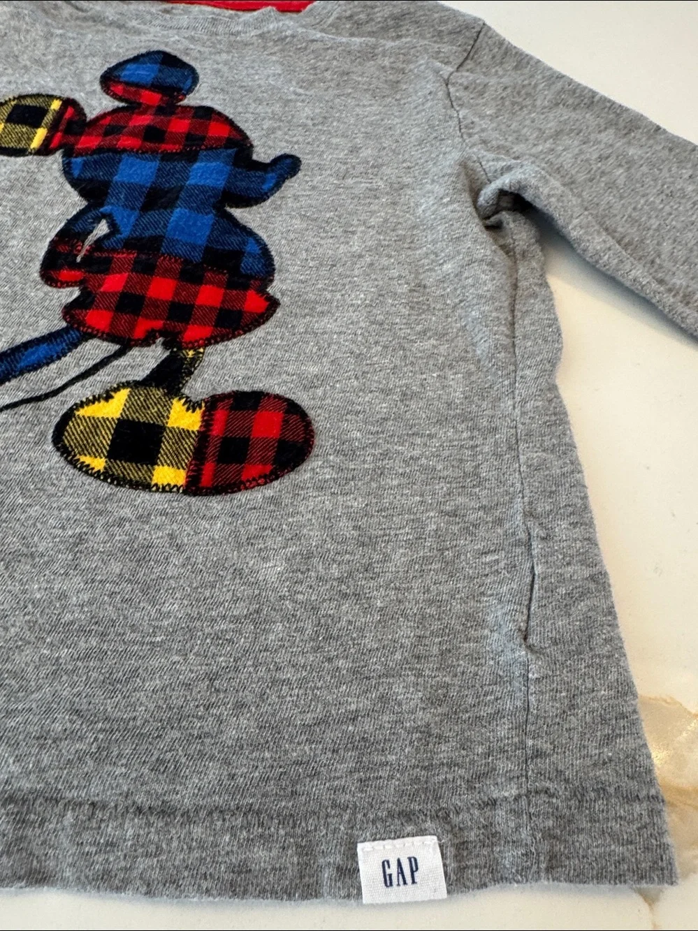 GAP Grey Long-Sleeve Tee with Plaid Disney Mickey Mouse in Red, Blue & Yellow